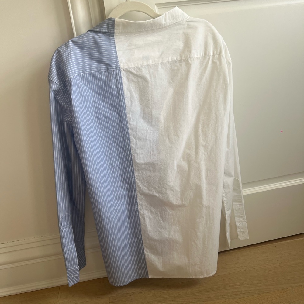 R13 white and blue button down combo shirt open collar - Picture 4 of 8